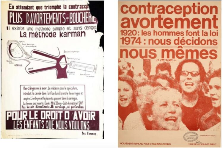 A gauche, une affiche expliquant la méthode Karman. A droite, une affiche du Planning familial dans les années 1970.