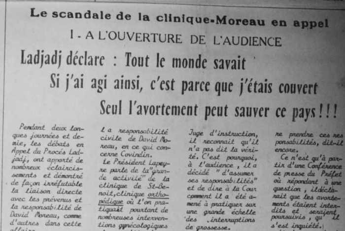 Coupure de presse du journal réunionnais Témoignages en 1971 lors du procès contre la clinique du docteur Moreau.