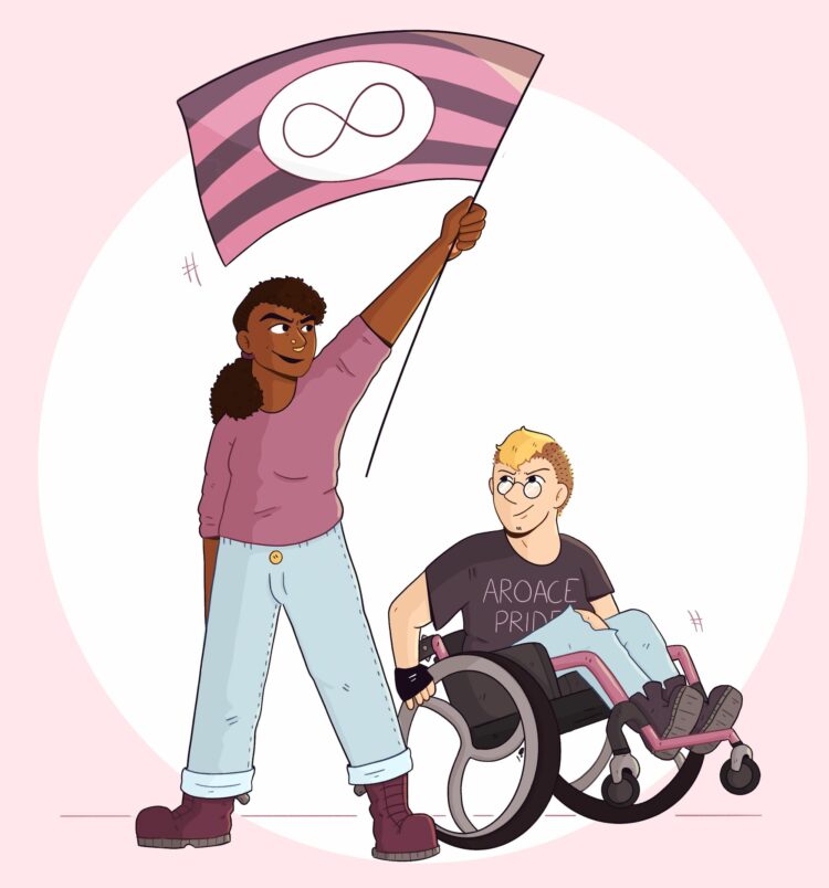  Illustration par Freaks_dessin. Deux personnes, dont l'une est en fauteuil roulant, brandissent le drapeau aro-ace.