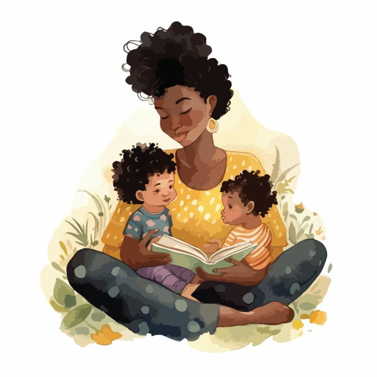 Illustration aquarelle d'une femme noire et de ses enfants. 