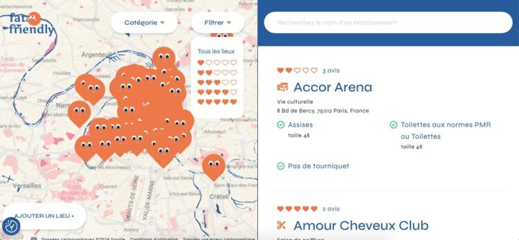 Capture d'écran du site FatFriendly. Ici, nous avons fait une recherche pour Paris. Il est possible de filtrer par catégorie de lieu ou par note communautaire.