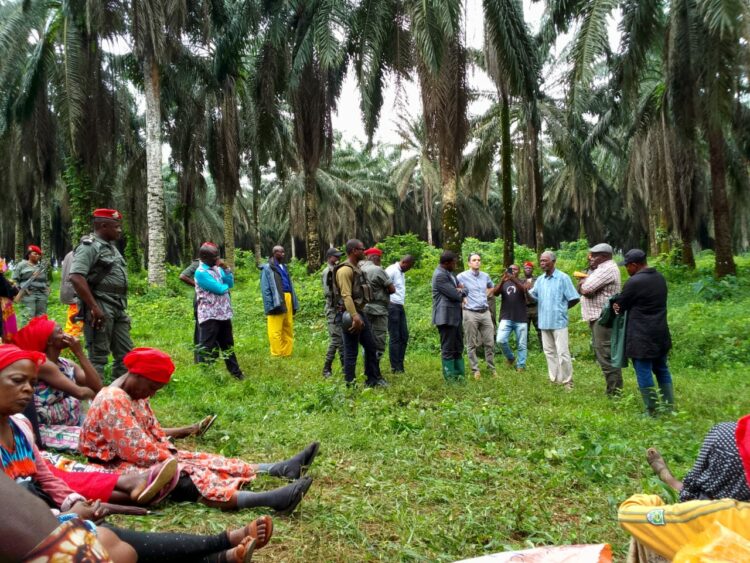 Le sous-préfet d'Édéa 1er à côté du directeur de la plantation Socapalm d'Édéa, en négociation avec l'autorité traditionnelle de la communauté d'Apouh, le 14 août 2024. Il a finalement décidé de suspendre les travaux.
