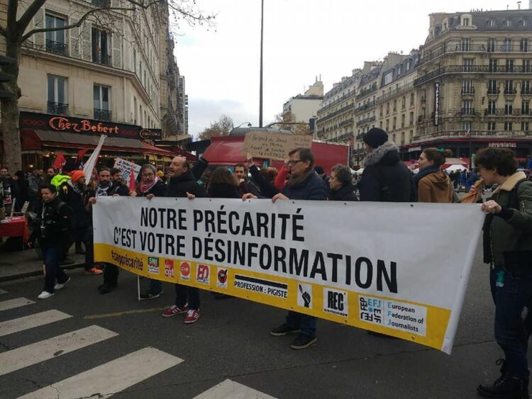 Manifestation des journalistes à Paris en décembre 2019, contre la réforme de l’assurance chômage. © Profession : Pigiste