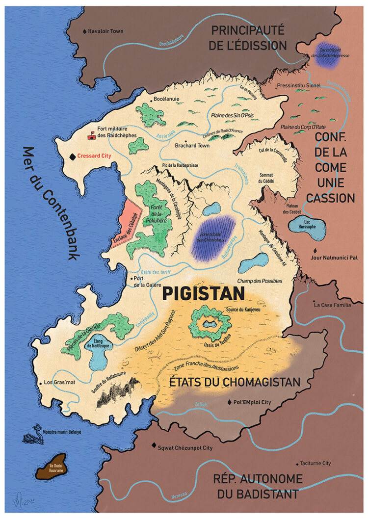 Carte du "pigistan", un pays imaginaire rempli de jeux de mots relatifs à la vie de journaliste pigiste. "Forêt de la Pékuhère", désigne - par exemple - la "PQR", soit "presse quotidienne régionale". © Marine Burger